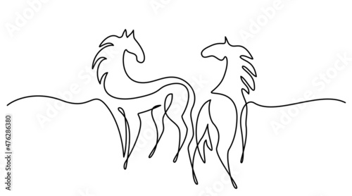 Standing horses on pasture. Continuous one line drawing. Horse logo.