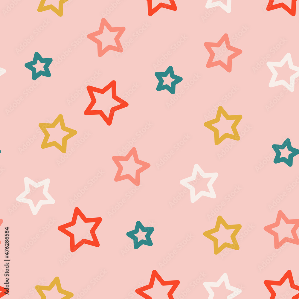 seamless pattern childish doodle drawing stars on pink background. cute colored stars in pastel colors. kids cartoon background for textile, wallpaper, wrapping paper seamless pattern childish doodle drawing stars on pink background. cute colored stars in pastel colors. kids cartoon background for textile, wallpaper, wrapping paper