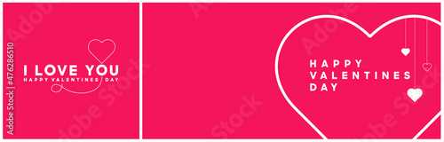 Happy valentines day greeting background in lineal style. Line and fill flat minimal heart on string. Pink banner party invitation template with more copy space.