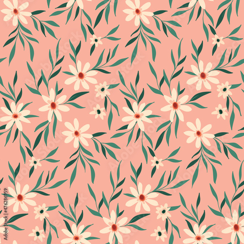 Seamless pattern with small painted flowers, leaves. Liberty composition of pink flowers, leaves on a pink background. A romantic floral print with a simple modern design. Vector.