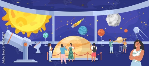 Planetarium, space museum. People looking at night sky with planets, stars, celestial bodies, listening to guide, vector