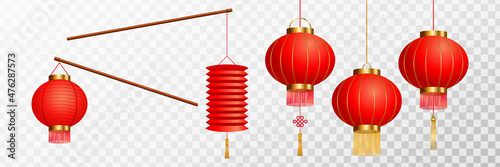 Chinese Lanterns Set. Asian Traditional Decoration for New Year, Lantern Festival, Weddings. Realistic Vector Illustration.