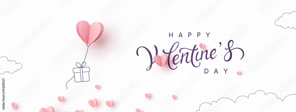 Valentine's Day postcard with paper flying elements and gift box on white sky background. Romantic poster. Vector symbols of love in shape of heart for greeting card design - obrazy, fototapety, plakaty 
