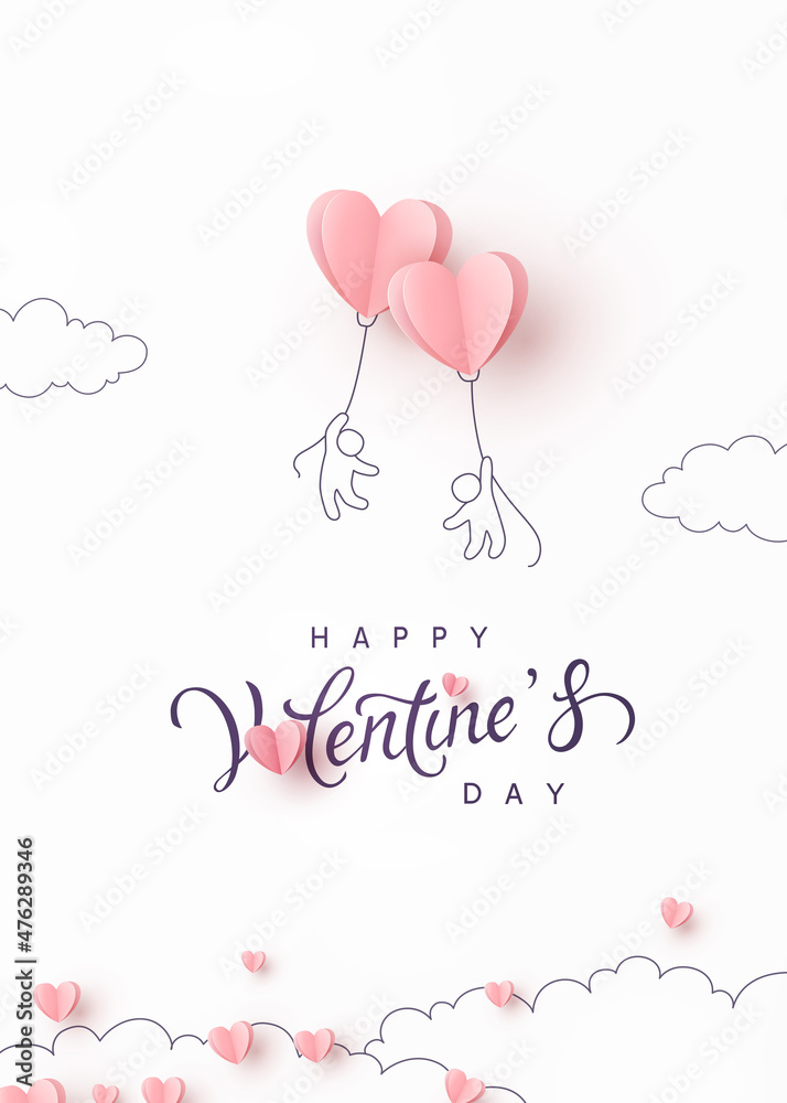 Valentine's Day postcard with people and pink flying balloons on white background. Romantic poster. Vector paper symbols of love in shape of heart for greeting card design