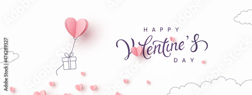 Valentine's Day postcard with paper flying elements and gift box on white sky background. Romantic poster. Vector symbols of love in shape of heart for greeting card design