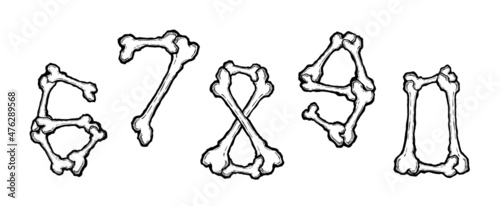Bones alphabet digits. Vector illustration in cartoon style on white background. Set 9