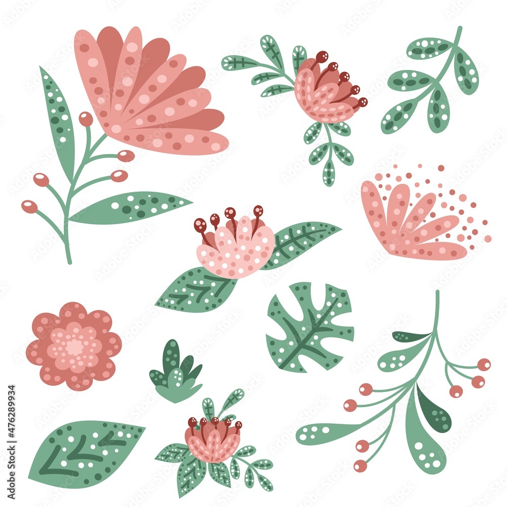 Vector flower set. Cute pink flowers in a minimal style. Berries, flower arrangements, leaves and plants. Flowers on a white background. Vector flower set. Cute pink flowers in a minimal style. Berries, flower arrangements, leaves and plants. Flowers on a white background.