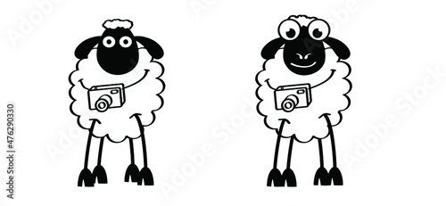 Cartoon, comic cute sheep stickman on holiday or vacation with camera. sheep icon. Drawing sheep lamb sign or pictogram. Stick figure character. Happy animal face. Vector
