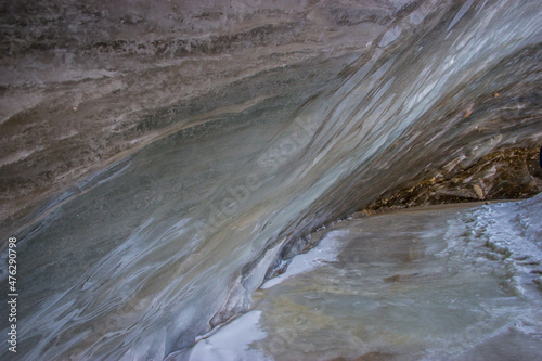 Thick ice pattern in the Oktyabrskaya cave of the Bogdanovich glacier in Kazakhstan
