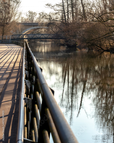Fürth riverside promenade with Siebenbogen Bridge in the background, Fürth, Bavaria, Germany