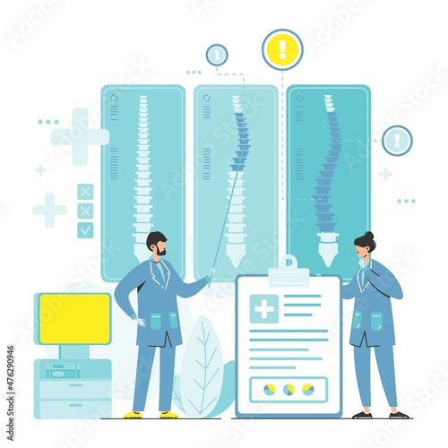 Doctor osteopath, chiropractor examining spine bone xray scans. Osteopathy, chiropractic. Bone health, vector.