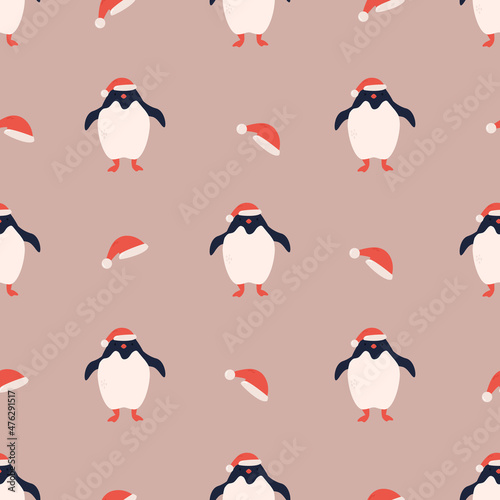 Vector seamless pattern with cute funny penguins