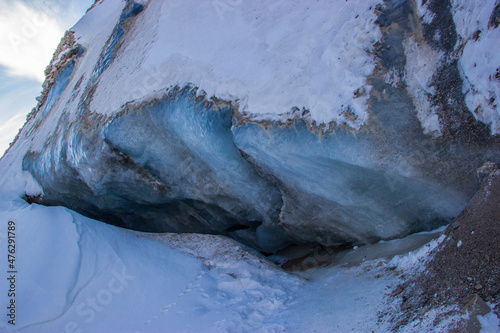Beautiful ice formations in the snowy mountains at the Bogdanovich glacier, Kazakhstan