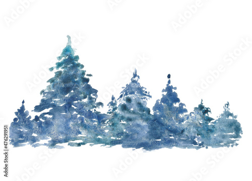 Horisontal border with blue forest pine trees. Watercolor illustration on white background.