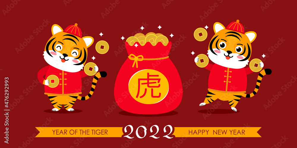set of tiger cubs in traditional Chinese costume with gold money. happy chinese new year. set of tiger cubs in traditional Chinese costume with gold money. happy chinese new year.