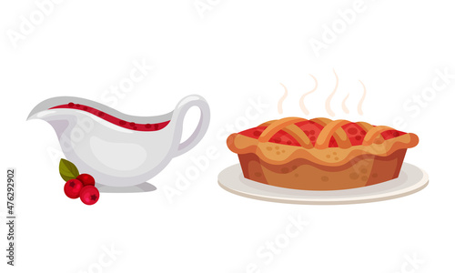 Thanksgiving day symbols set. Sauceboat of cranberry sauce and pumpkin pie vector illustration photo