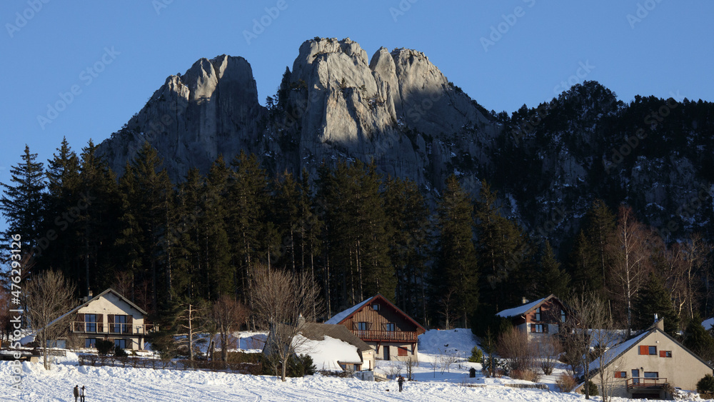 landscape in the mountains in winter, Les 3 Pucelles famous Alpes summit
