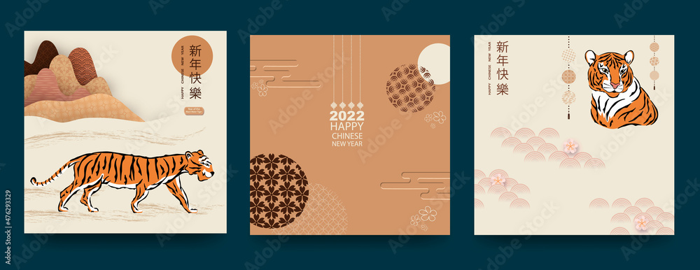 Fototapeta premium Chinese New Year 2022. Set for greeting card, poster, website banner with beautiful majestic noble tiger. The hieroglyphs mean Happy New Year and the symbol of the Year of the Tiger