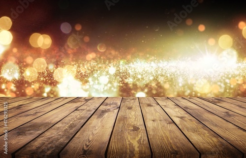 Abstract Christmas Background - Wooden Table With Defocused String Lights