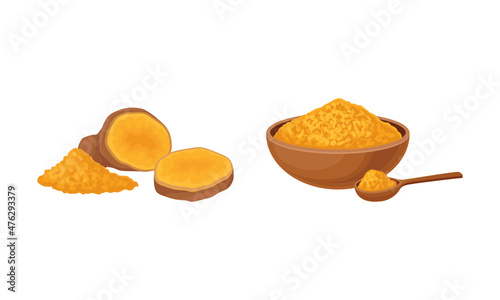 Powder of ginger root in bowl. Natural organic food, aromatic spice vector illustration