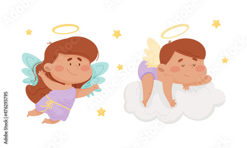 Cute baby angels with nimbus and wings. Lovely angelic little children flying in the sky vector illustration