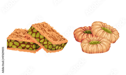 Middle east desserts with pistachios set. Turkish delights, traditional oriental cuisine sweets vector illustration