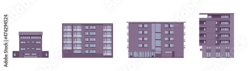 Modern apartment detached buildings set, architecture urbanscape. Residential project, city living, commercial multi-storey office building. Vector flat style cartoon illustration, modular sections
