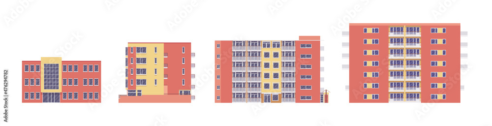 Residential detached building set, towering apartment blocks facade. Contemporary urban planning, concrete panels, multi-family home. Vector flat style cartoon illustration, modular floor sections