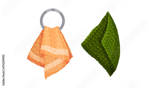 Bath towels set. Soft textile cloth for wiping hanging on hooks vector illustration