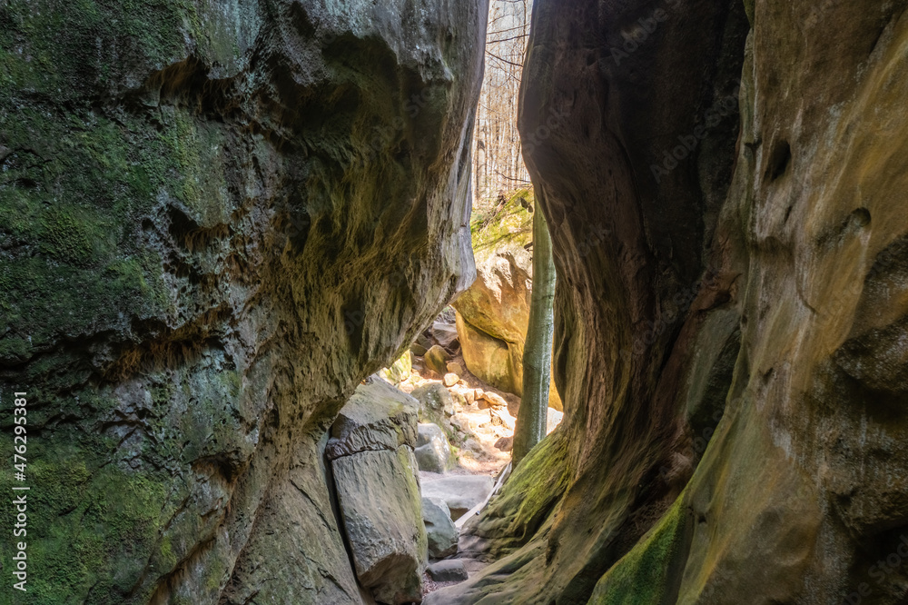 Split stone rock, inside view. Ternoshorskaya Lada. Dovbush Rocks. Carpathians, Kosiv district, Ivano-Frankivsk region, Ukraine Split stone rock, inside view. Ternoshorskaya Lada. Dovbush Rocks. Carpathians, Kosiv district, Ivano-Frankivsk region, Ukraine