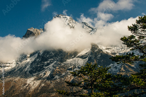 panorama view of Mount Everest massif Nuptse, Lhotse and Ama Dablam from Namche Bazar, Himalayas, Nepal. photo