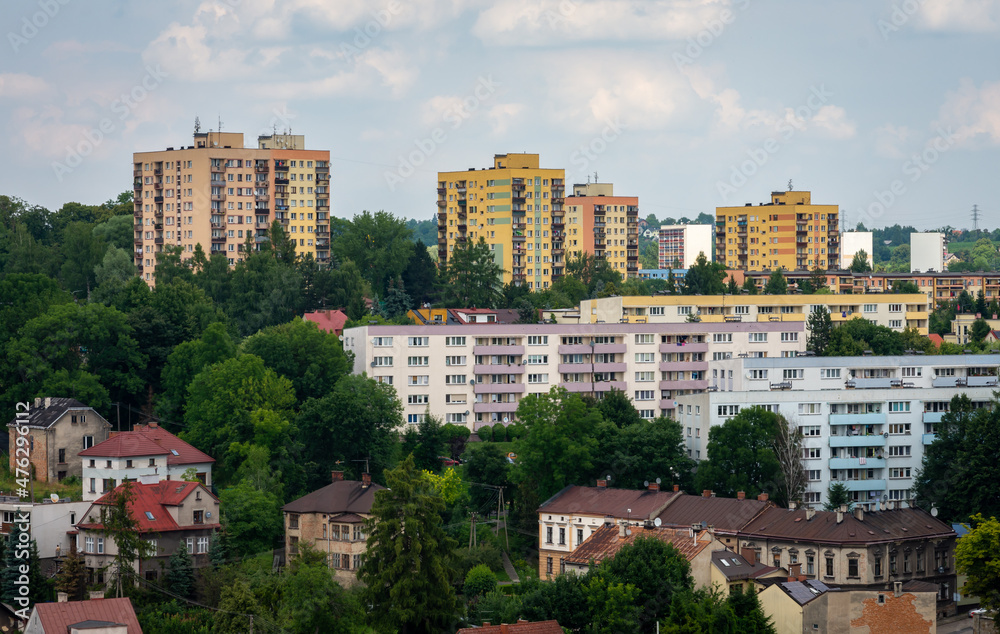 Fototapeta premium Old apartment buildings in the Town of Cieszyn as seen from Piast Tower, silesian voivodeship, Poland