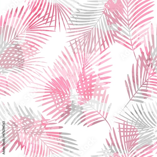 Tropical pattern, Exotic print, pink watercolor palm leaves seamless vector background.  Leaves of palm tree, girly jungle print on brush stains