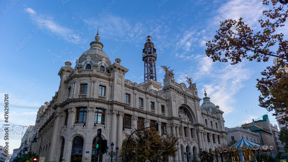 Obraz premium Historic buildings and tourist places in Valencia Spain. Trees and streets of Valencia Spain.
