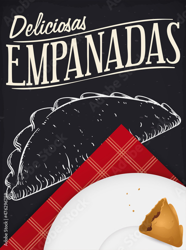 Blackboard with Delicious Empanada Drawing, Tablecloth and almost Empty Plate, Vector Illustration
