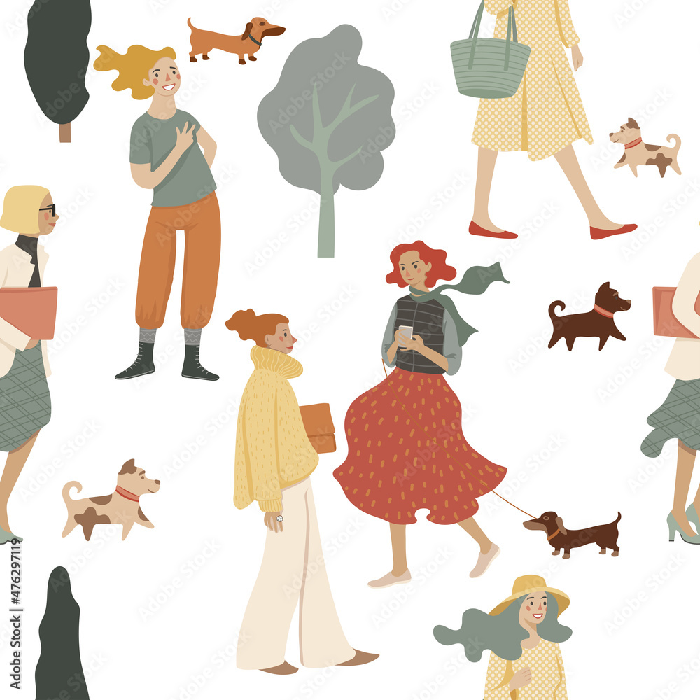 Fototapeta premium Young stylish people walking on the street of the city, vector seamless pattern, isolated on white