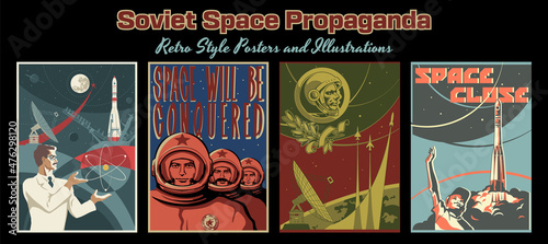 Soviet Space Program Propaganda Posters, Cosmonauts and Scientist, Space Rockets and Radio Telescopes, Planets and Stars
