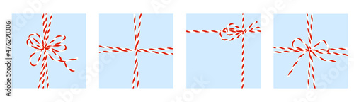 White red cord with bow. Yarn for wrapping Christmas gifts. Illustration vector isolated.