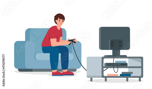 Teenager playing video games on game console with TV. School boy spend free time at home. Flat or cartoon vector illustration.