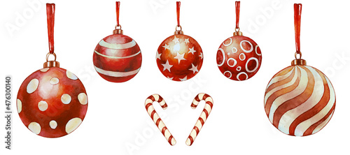 Christmas collection of balls for a Christmas tree. Decoration for the holiday in watercolor. Hand painted watercolor iluustration. Vector elements isolated on white background