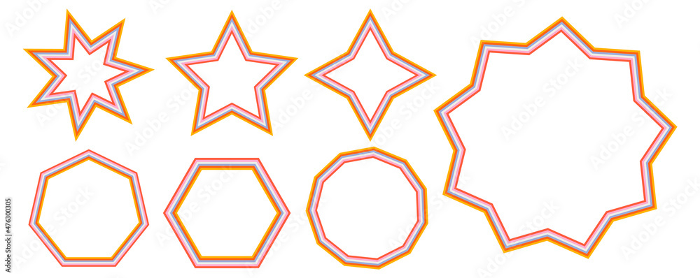set of rainbow frames in 1970s hippie style. patterns retro vintage 70s groove. collection of round frame, star, rhombus and square. vector illustration design isolated. set of rainbow frames in 1970s hippie style. patterns retro vintage 70s groove. collection of round frame, star, rhombus and square. vector illustration design isolated.