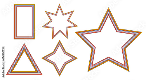 set of rainbow frames in 1970s hippie style. patterns retro vintage 70s groove. collection of round frame, star, rhombus and square. vector illustration design isolated.