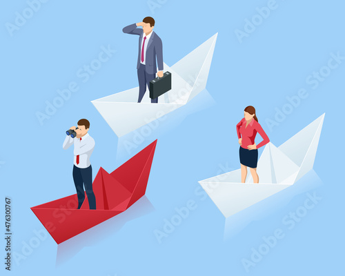 Leadership concept. Red leader paper ship leading among others on blue background.