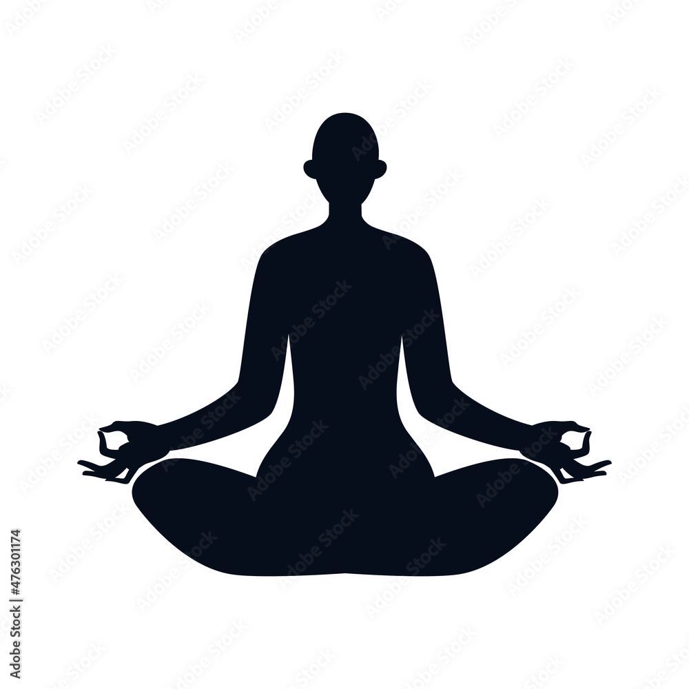 Female body in lotus position isolated. The woman is in a state of meditation. Black on white vector illustration of a female silhouette on a white background.
