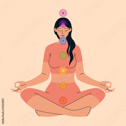 Seven chakras. Reiki energy. The woman is sitting in the lotus position and meditating. Self-therapy vector illustration isolated.
