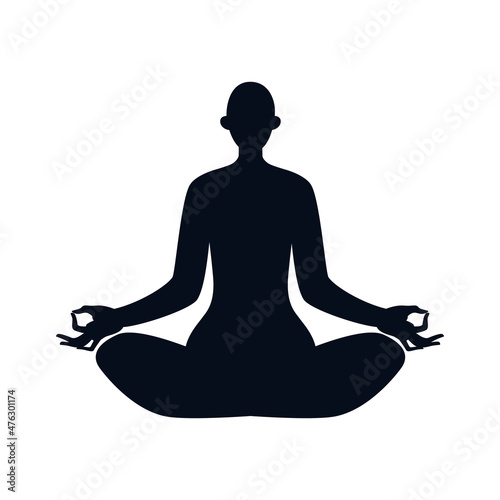 Female body in lotus position isolated. The woman is in a state of meditation. Black on white vector illustration of a female silhouette on a white background.