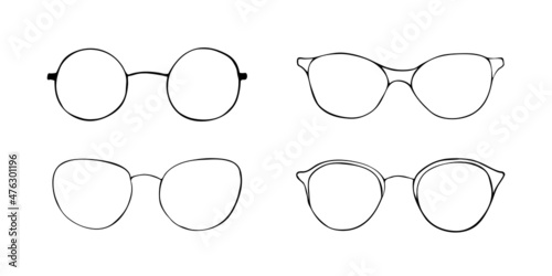 Black sketch fashion eye glasses icon set. Vector doodle cartoon illustration. Frame retro eyeglasses icons. Hand drawn doodle spectacles