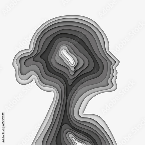 black wright gray monochrome silhouette profile woman head, cut paper effect, layering