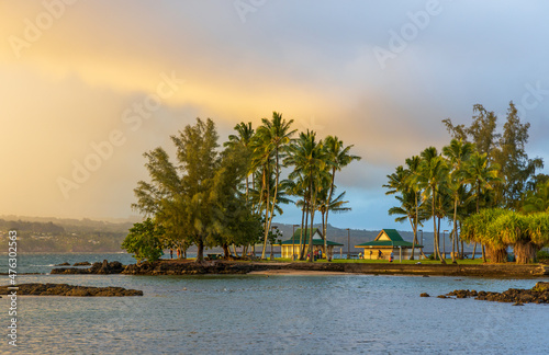 Beautiful Liliuokalani Park and Gardens in Hilo, Hawaii, on a rainy sunset