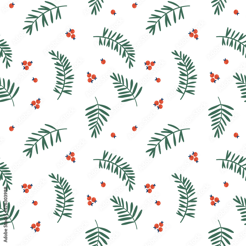 Obraz premium Illustration of a seamless pattern from the branches of mountain ash, berries, botanical elements. Suitable for winter holidays and natural botanical motives. White background.